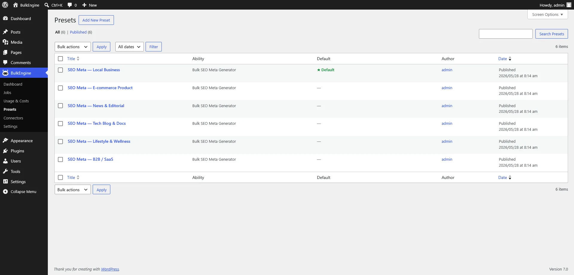 Presets — saved instruction templates per ability