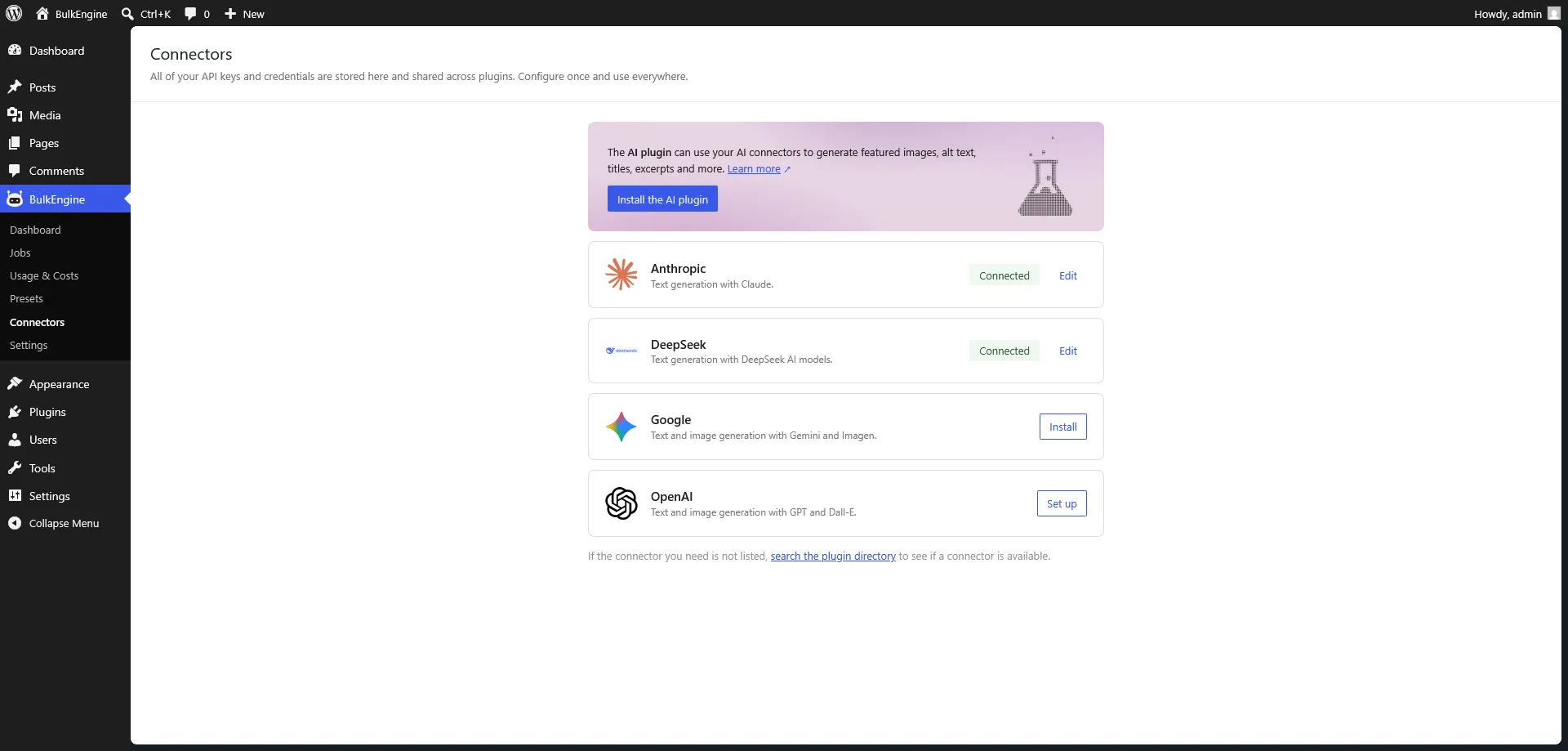 Connectors — 1-click install for Anthropic, OpenAI, Google, DeepSeek